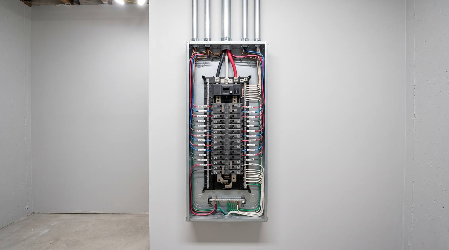 The same wall with a new labelled breaker panel