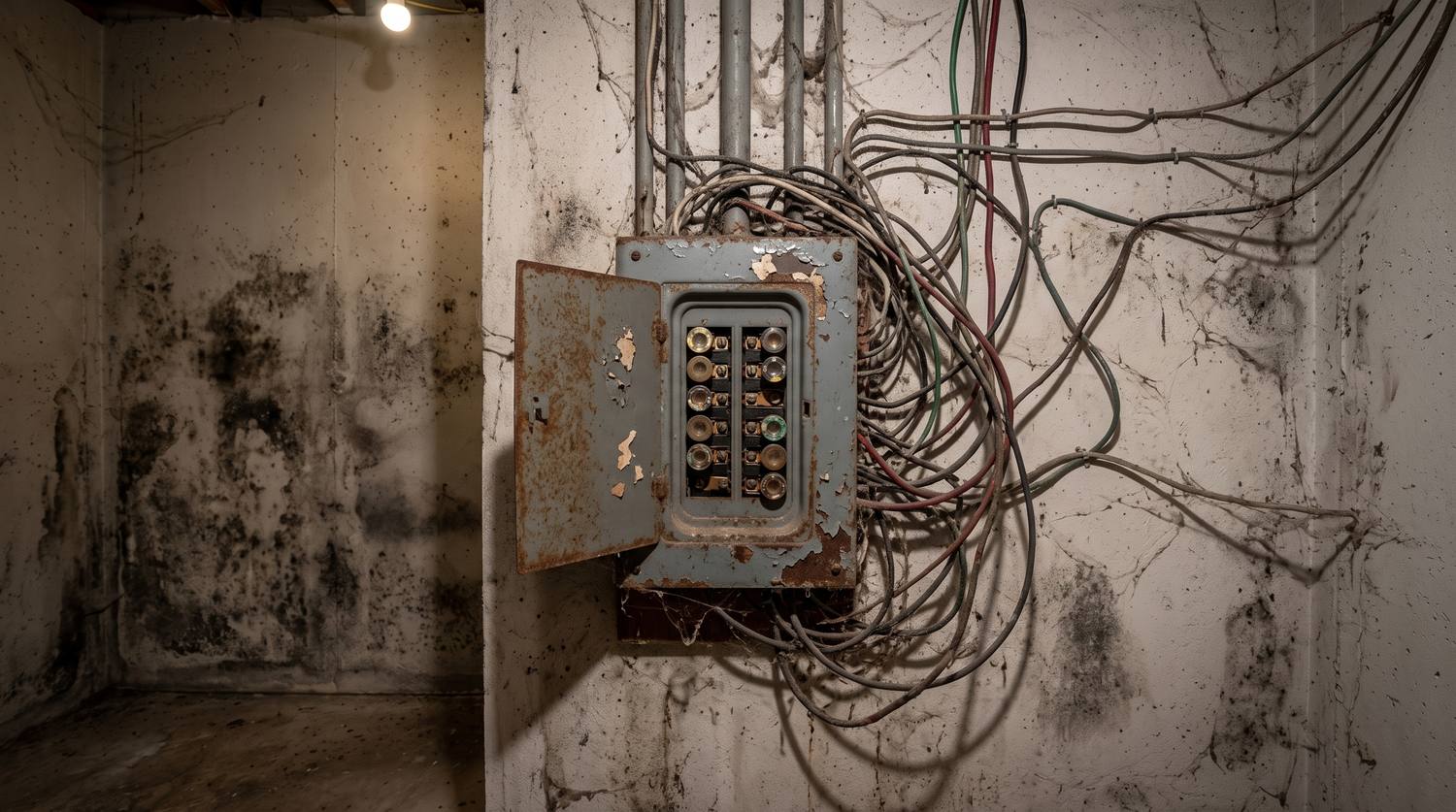 An old rusted fuse box with cloth wiring