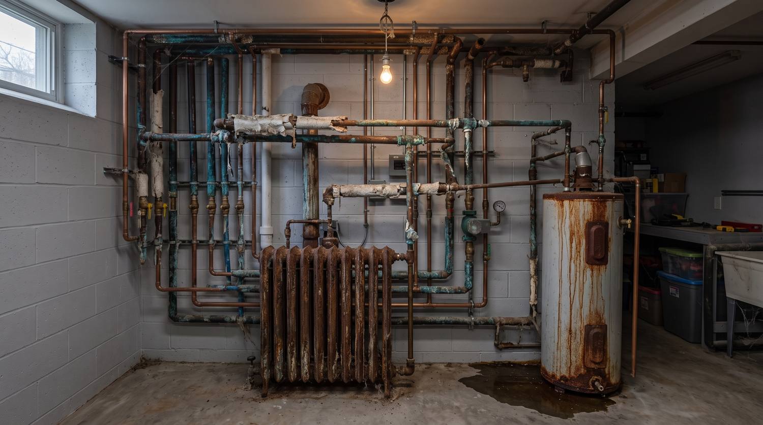 An old corroded boiler in a dingy basement