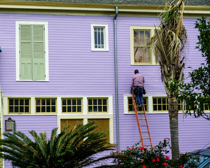Two painters on ladders painting a lavender house