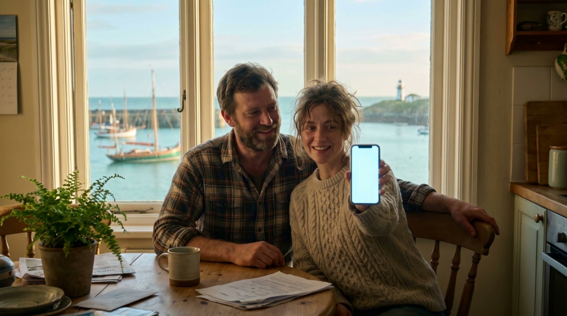 A couple at a kitchen table by a harbor window; she holds up her phone to show you.